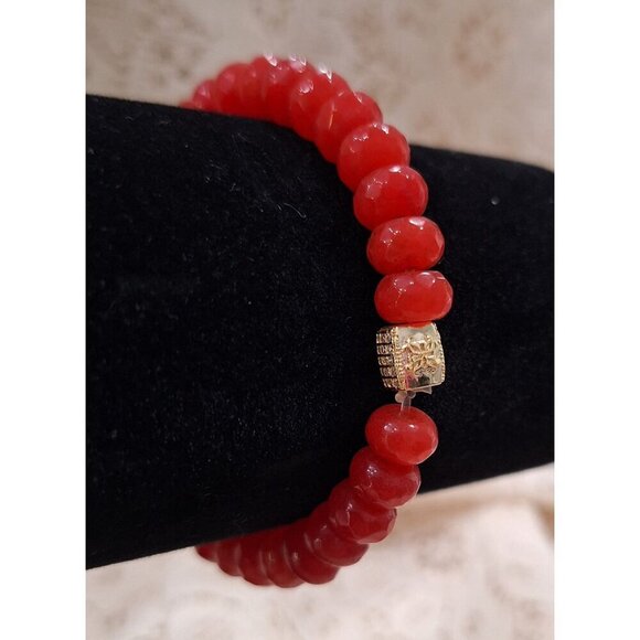 Rustic Cuff Red Agate Beaded Bracelet With Gold Charm-Excellent Used Condition - Picture 5 of 7